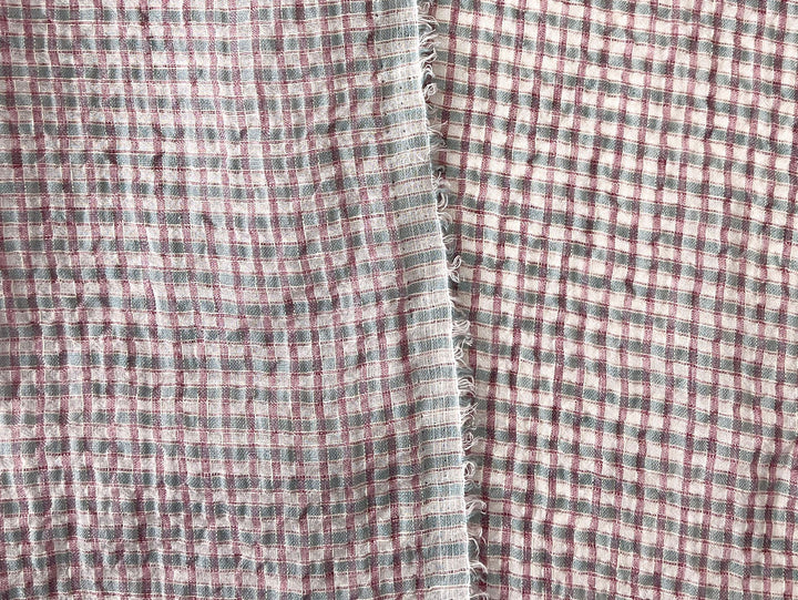 Linen Cotton Seersucker Fabric with Small Checks – Natural Stretch Texture 8217