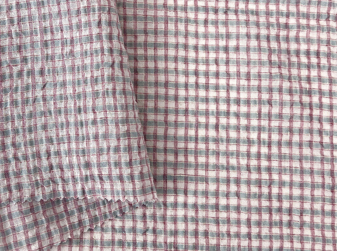 Linen Cotton Seersucker Fabric with Small Checks – Natural Stretch Texture 8217