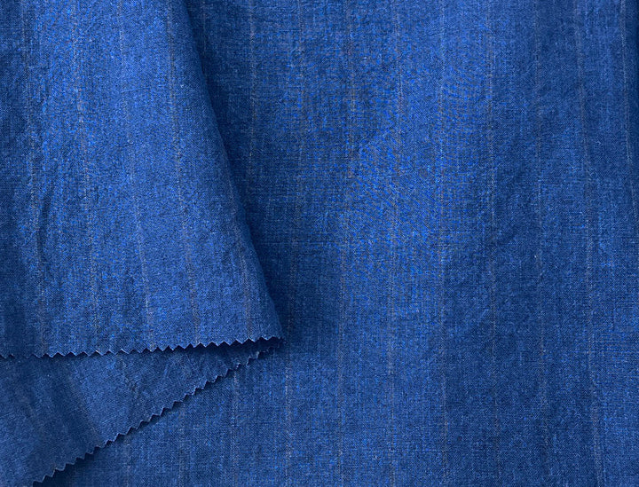 100% Linen Delavé Stripe Fabric – Deep Blue with Subtle Brown Lines, Medium Weight 8238