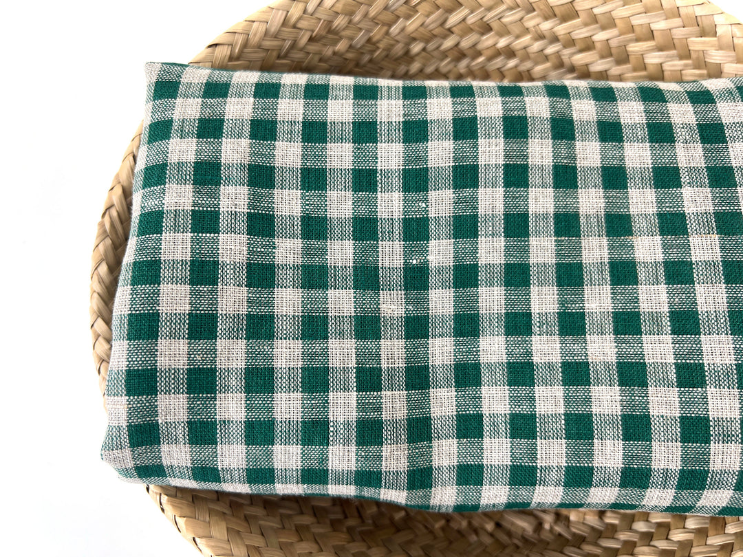 100% Linen Forest Green Gingham Check Fabric 8287