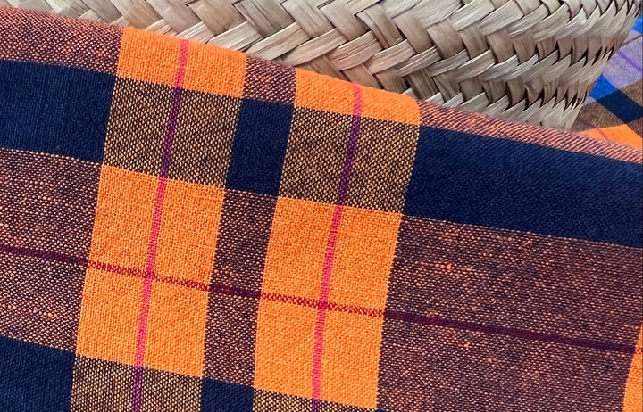 Lightweight Linen Cotton Tencel Plaid Fabric – Navy / Orange Check 8042
