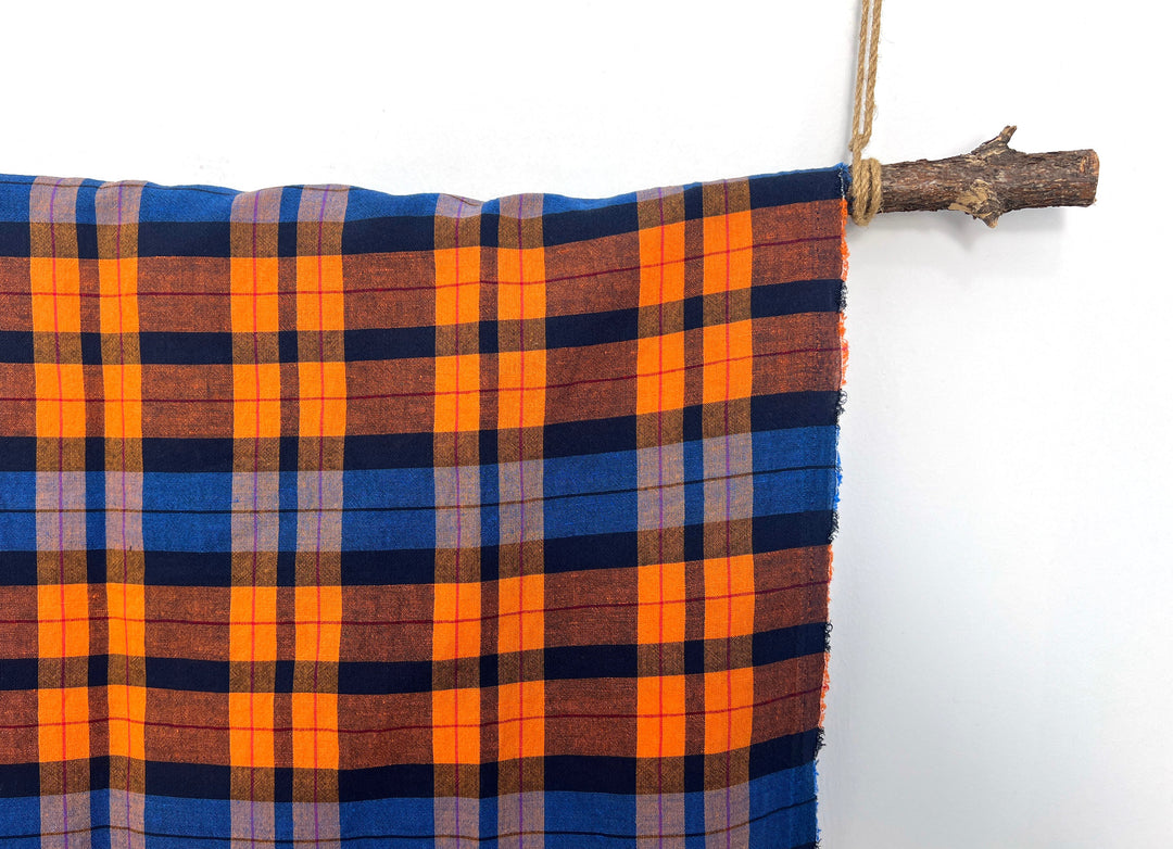 Lightweight Linen Cotton Tencel Plaid Fabric – Navy / Orange Check 8042
