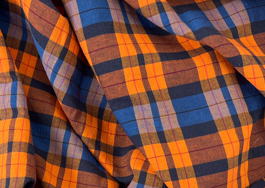 Lightweight Linen Cotton Tencel Plaid Fabric – Navy / Orange Check 8042