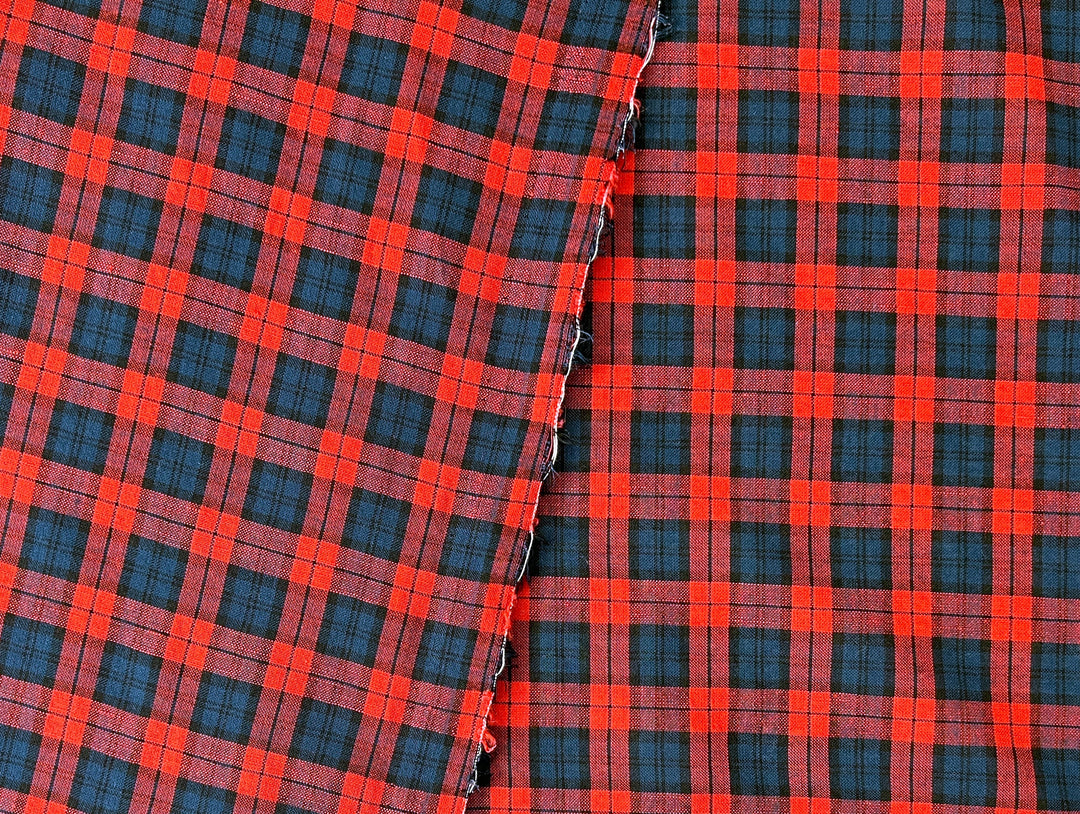 Linen Cotton Tencel Blend Fabric | Navy & Red Madras Plaid | Lightweight and Soft Touch 8363