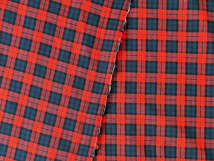 Linen Cotton Tencel Blend Fabric | Navy & Red Madras Plaid | Lightweight and Soft Touch 8363
