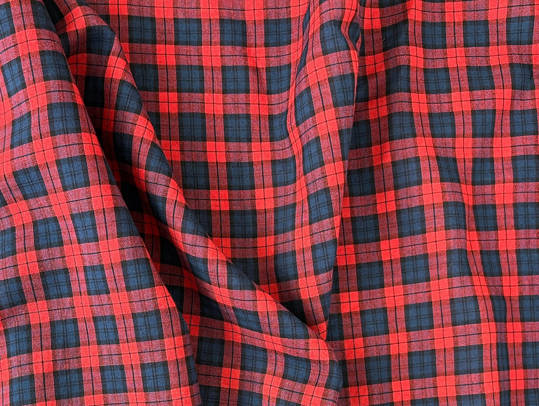 Linen Cotton Tencel Blend Fabric | Navy & Red Madras Plaid | Lightweight and Soft Touch 8363