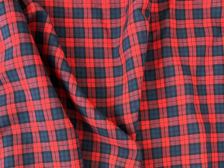 Linen Cotton Tencel Blend Fabric | Navy & Red Madras Plaid | Lightweight and Soft Touch 8363