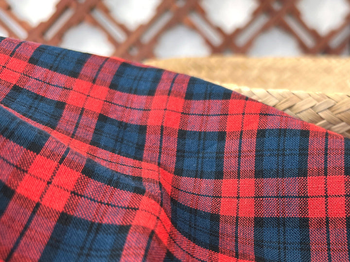Linen Cotton Tencel Blend Fabric | Navy & Red Madras Plaid | Lightweight and Soft Touch 8363