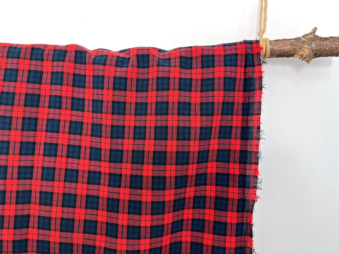 Linen Cotton Tencel Blend Fabric | Navy & Red Madras Plaid | Lightweight and Soft Touch 8363