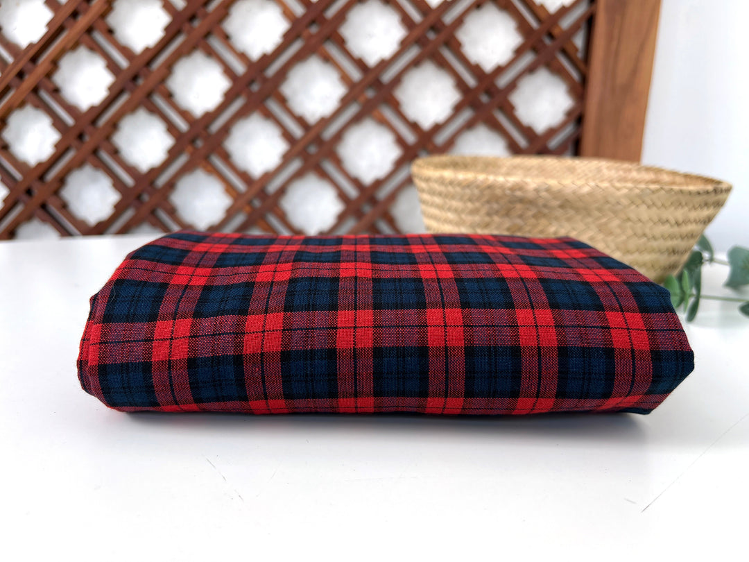 Linen Cotton Tencel Blend Fabric | Navy & Red Madras Plaid | Lightweight and Soft Touch 8363