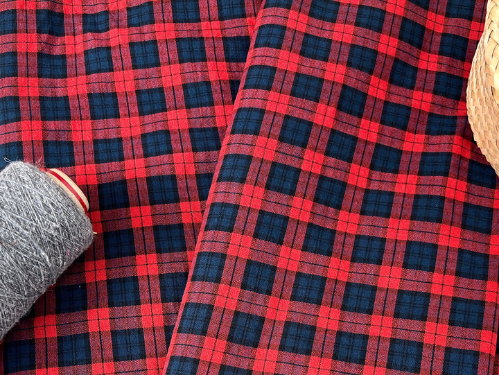 Linen Cotton Tencel Blend Fabric | Navy & Red Madras Plaid | Lightweight and Soft Touch 8363