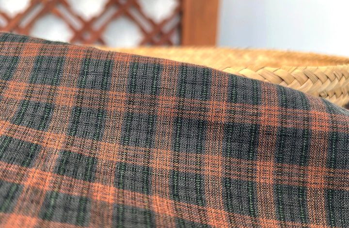 Linen Cotton Tencel Blend Fabric | Brown Madras Plaid | Lightweight and Natural Soft Touch 8359