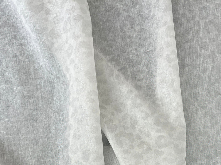 Linen Rayon Blend Fabric | Double-Sided Silver Foil Leopard Print | Lightweight White 8394