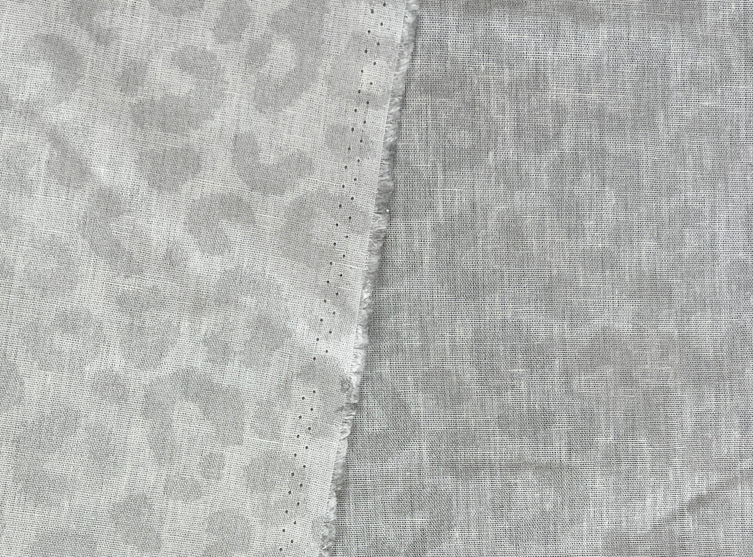 Linen Rayon Blend Fabric | Double-Sided Silver Foil Leopard Print | Lightweight White 8394