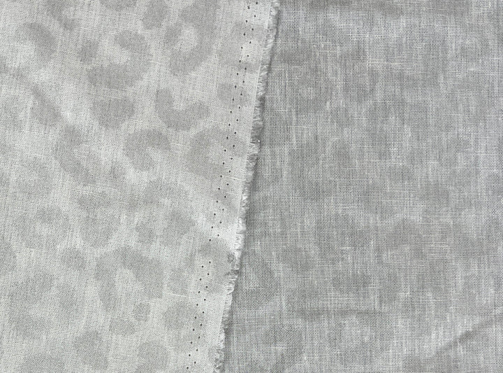 Linen Rayon Blend Fabric | Double-Sided Silver Foil Leopard Print | Lightweight White 8394