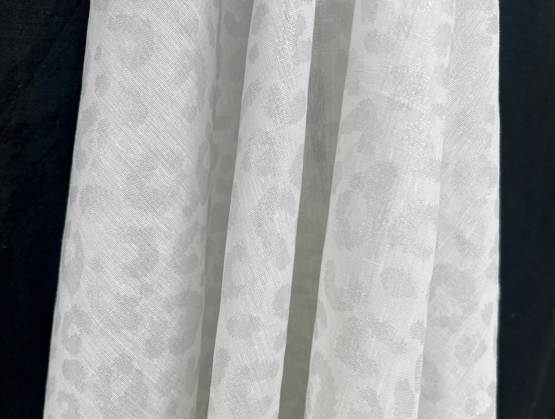 Linen Rayon Blend Fabric | Double-Sided Silver Foil Leopard Print | Lightweight White 8394