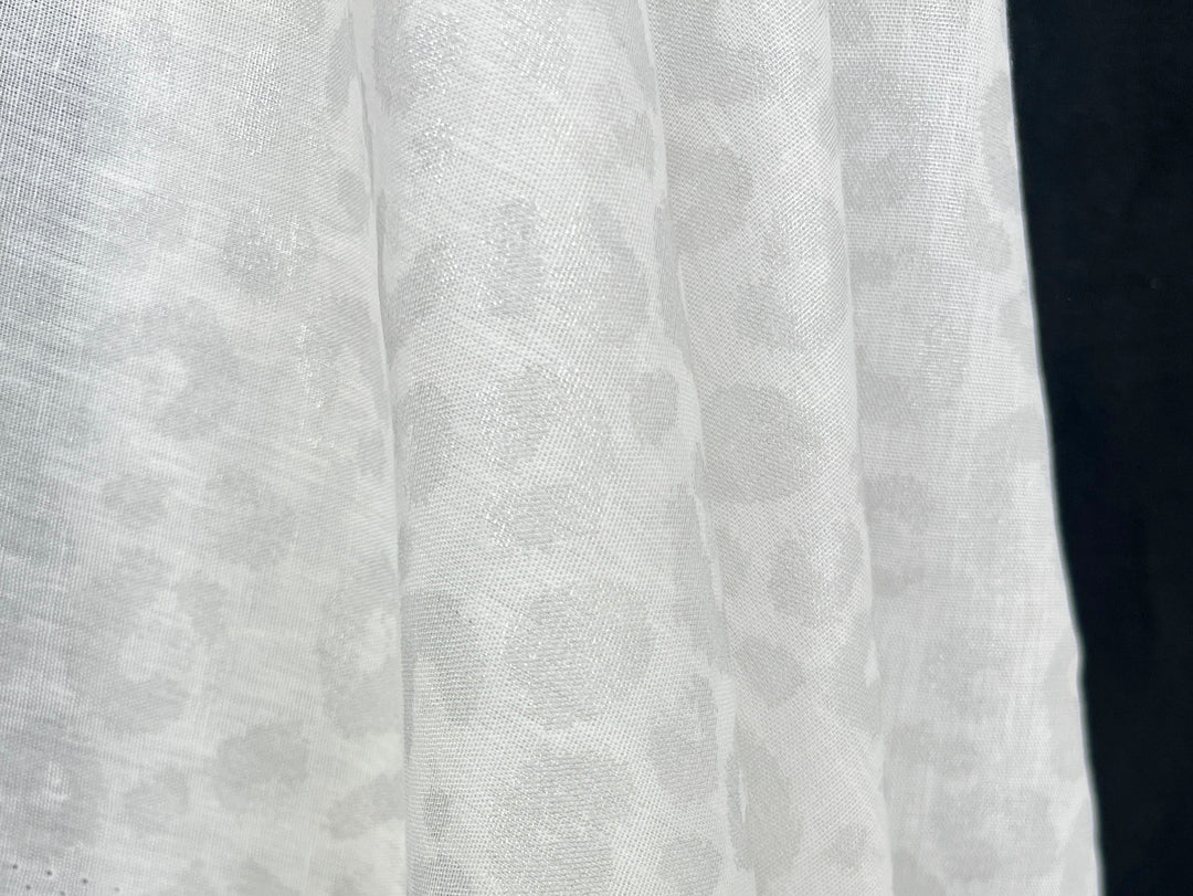 Linen Rayon Blend Fabric | Double-Sided Silver Foil Leopard Print | Lightweight White 8394