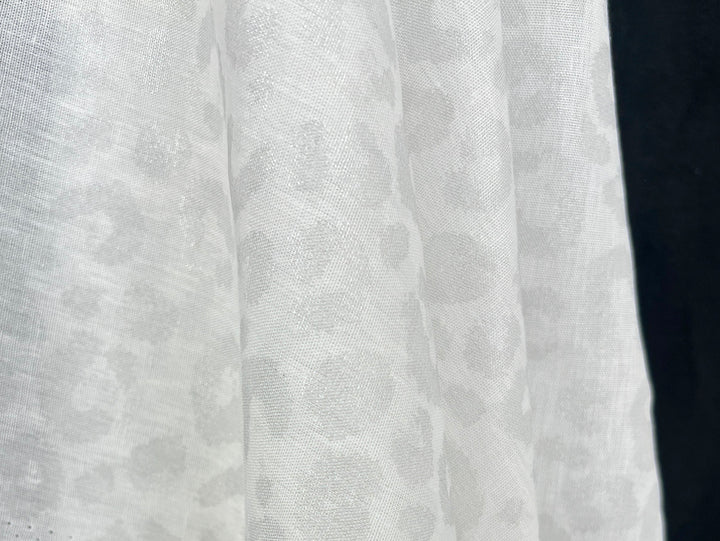Linen Rayon Blend Fabric | Double-Sided Silver Foil Leopard Print | Lightweight White 8394