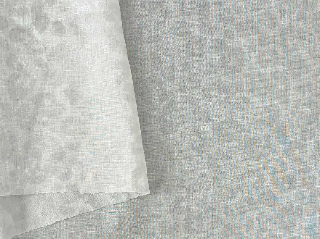 Linen Rayon Blend Fabric | Double-Sided Silver Foil Leopard Print | Lightweight White 8394