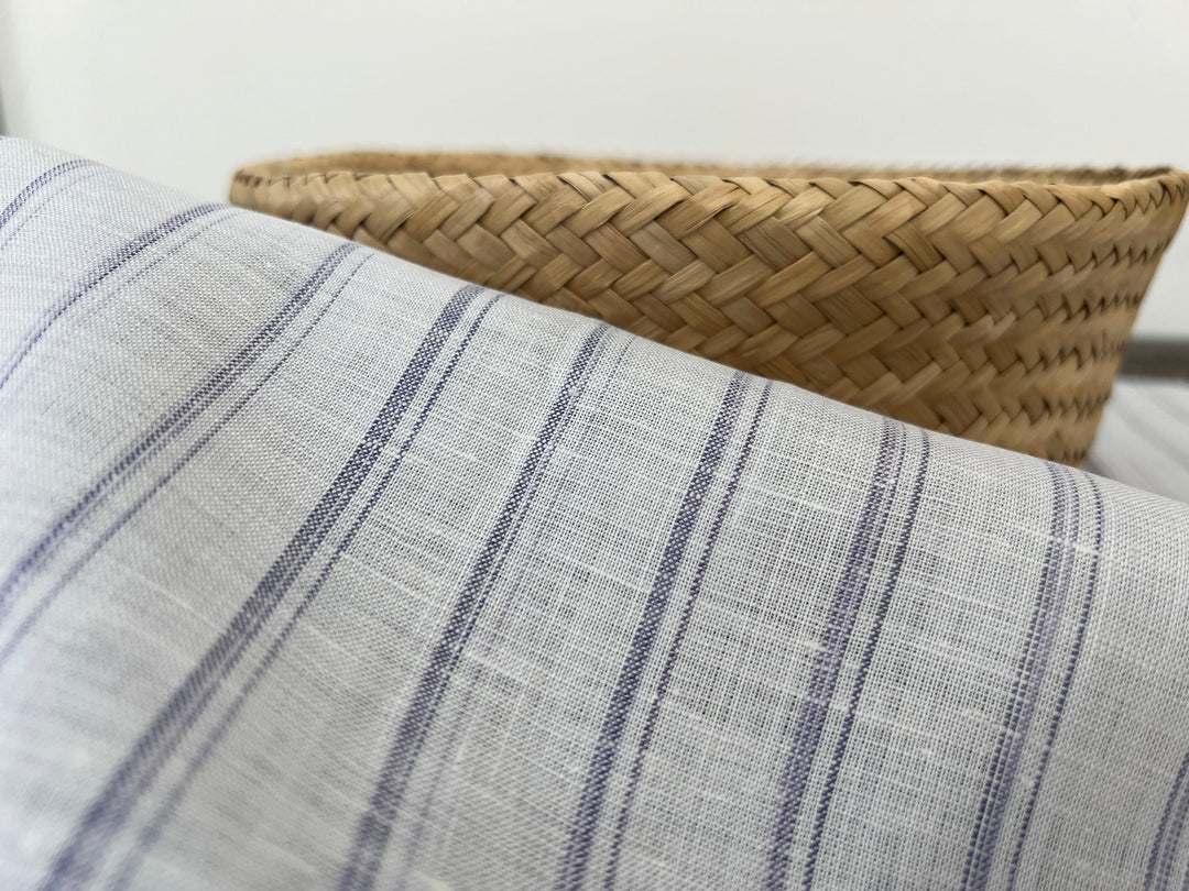 100% Linen Ticking Stripe Fabric | Bluish-Violet & Off-White | Light Weight 8399