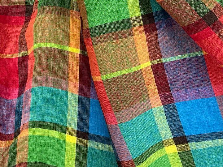 100% Linen Vibrant Multicolor Madras Plaid Fabric 8435 | Medium - Light Weight | Pre-Washed Soft Finish