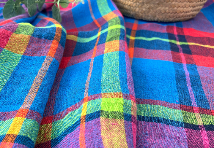 Vivid Multicolor Madras Plaid Linen Blend Fabric | Natural Stretch & Wrinkle Finish | 52" 8273