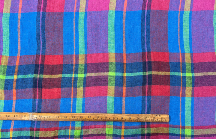 Vivid Multicolor Madras Plaid Linen Blend Fabric | Natural Stretch & Wrinkle Finish | 52" 8273