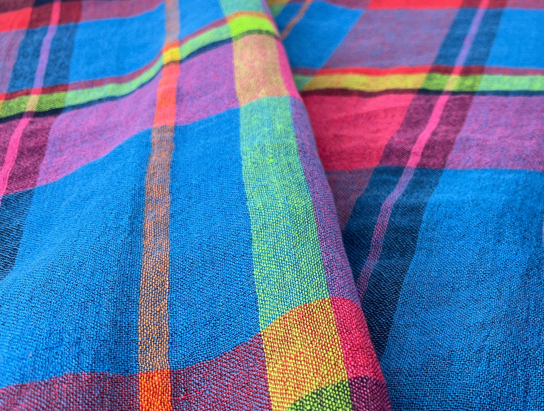 Vivid Multicolor Madras Plaid Linen Blend Fabric | Natural Stretch & Wrinkle Finish | 52" 8273
