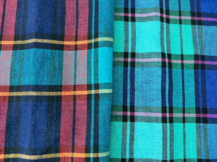 Double-Face Linen Cotton Plaid Fabric | Reversible Solid Back | 52"  7718 7719
