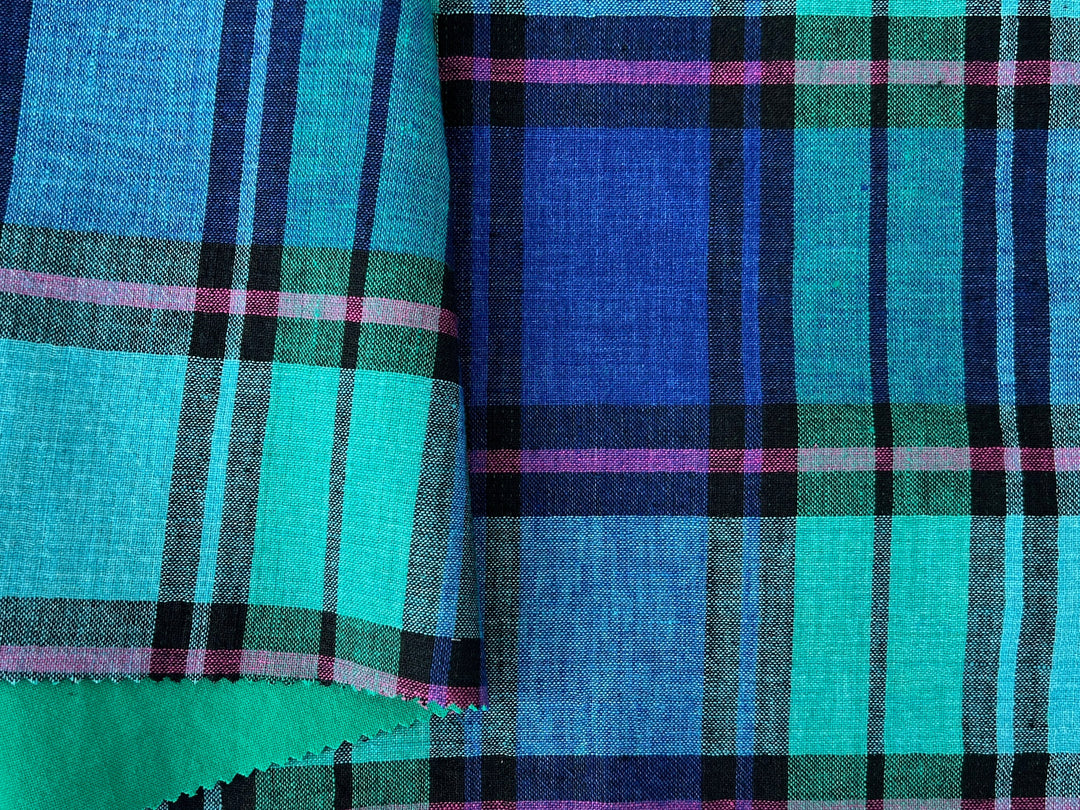 Double-Face Linen Cotton Plaid Fabric | Reversible Solid Back | 52"  7718 7719