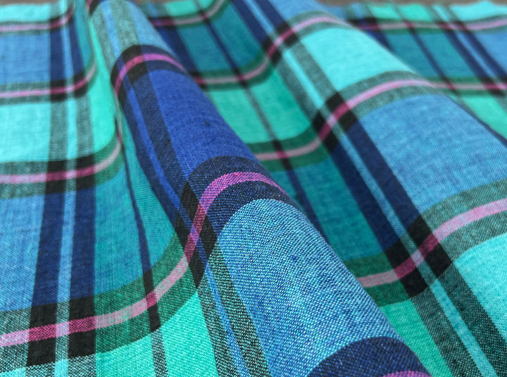 Double-Face Linen Cotton Plaid Fabric | Reversible Solid Back | 52"  7718 7719