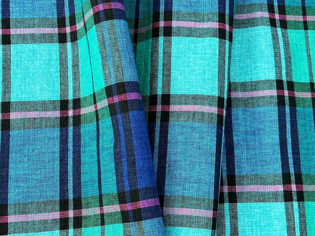 Double-Face Linen Cotton Plaid Fabric | Reversible Solid Back | 52"  7718 7719