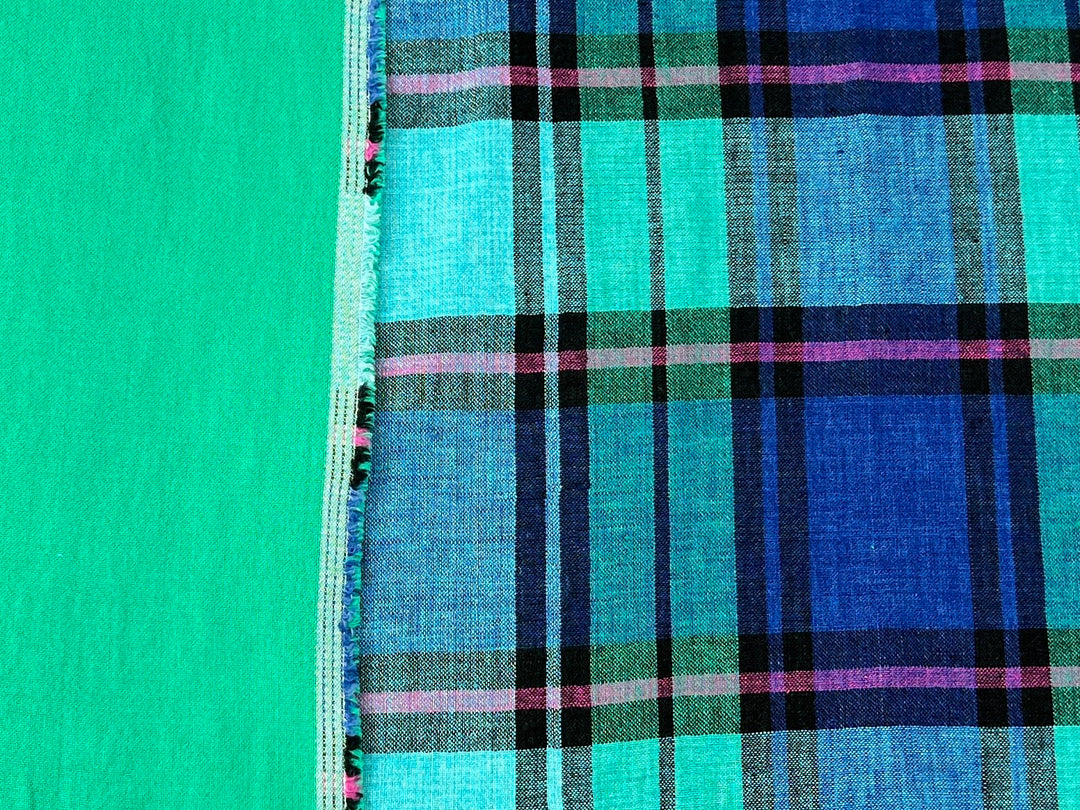 Double-Face Linen Cotton Plaid Fabric | Reversible Solid Back | 52"  7718 7719