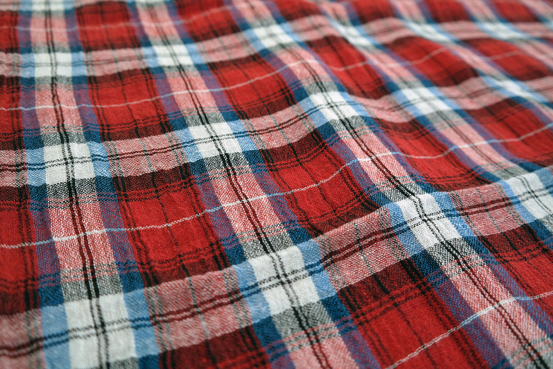 Linen Plaid Fabric with Wrinkle Effect (7150 7151) - The Linen Lab - Red
