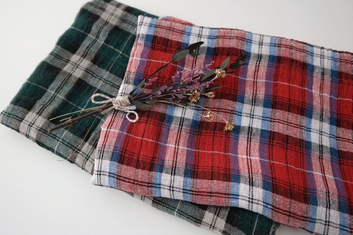 Linen Plaid Fabric with Wrinkle Effect (7150 7151) - The Linen Lab - Red