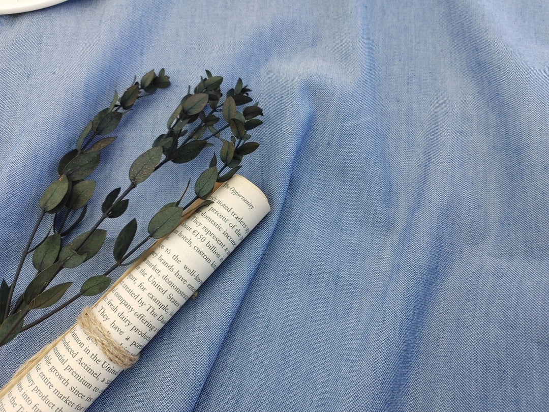 Blue Harmony Linen Blend: Stretch Dobby Chambray Fabric 3960 - The Linen Lab - Blue