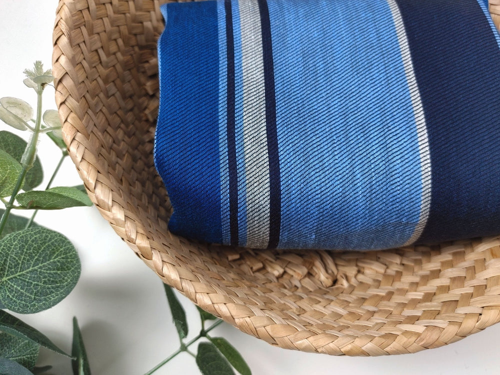 Blue Linen Rayon Twill Multi Stripe Fabric 4723 - The Linen Lab - Blue