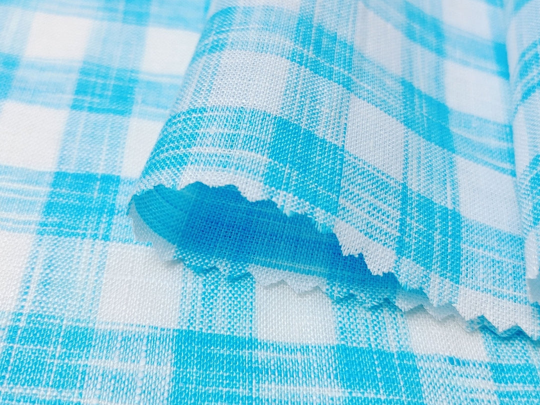 Blue Melange Check Lightweight 100% Linen Fabric 4671 - The Linen Lab - Blue