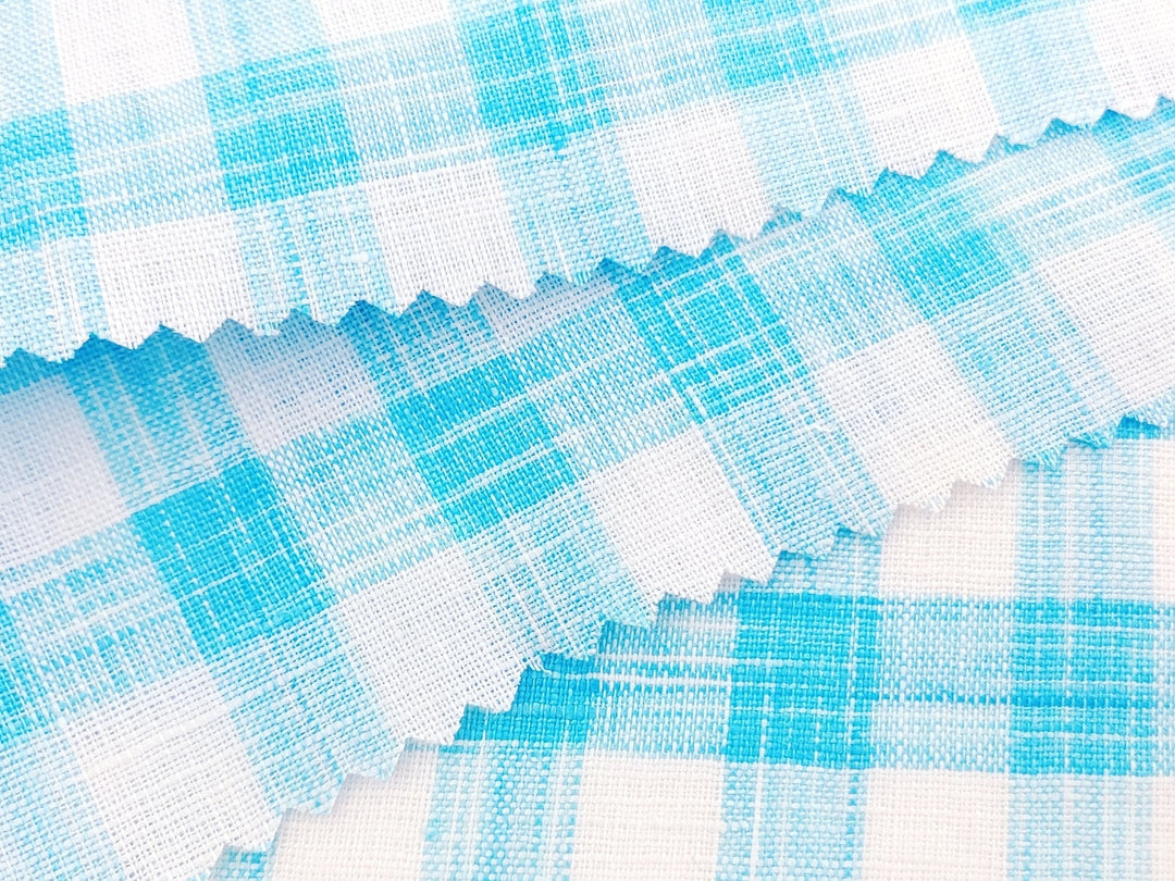 Blue Melange Check Lightweight 100% Linen Fabric 4671 - The Linen Lab - Blue