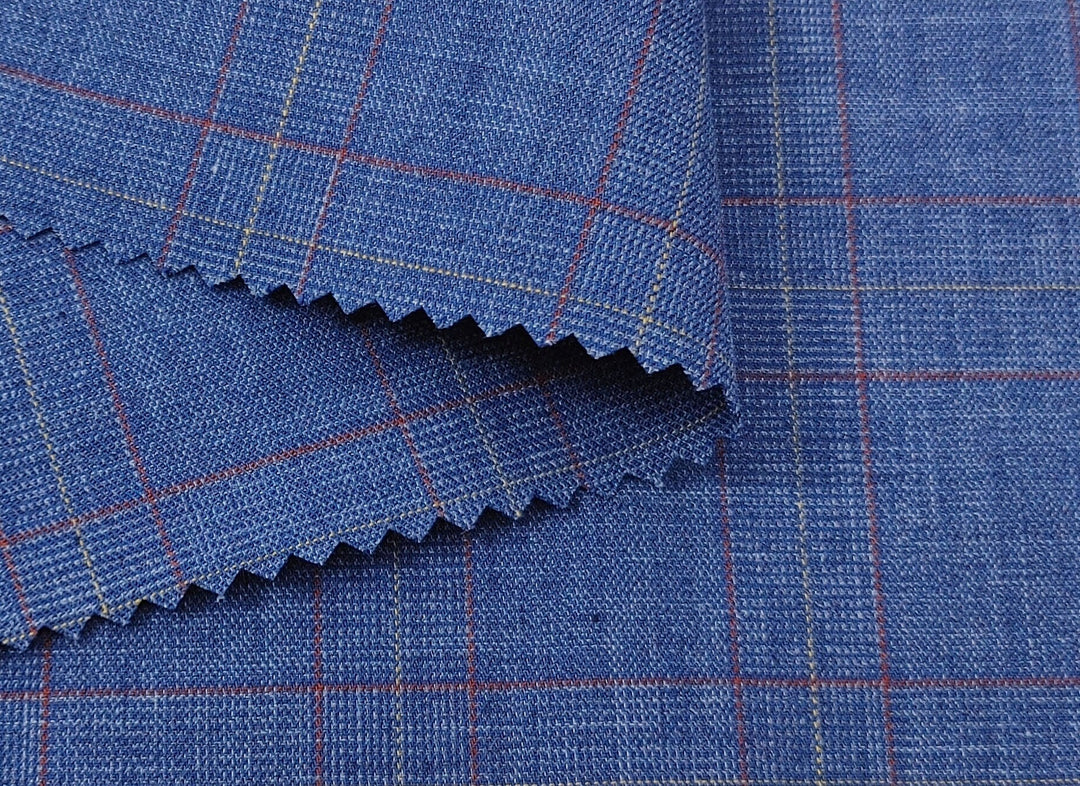 Blue Plaid Ramie Cotton Polyester Fabric 4069 - The Linen Lab - Blue