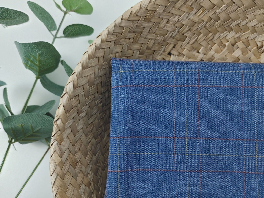 Blue Plaid Ramie Cotton Polyester Fabric 4069 - The Linen Lab - Blue