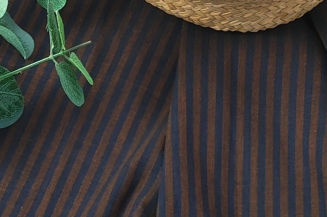 Brown Navy Stripe Linen Cotton Fabric 6635 - The Linen Lab - Brown