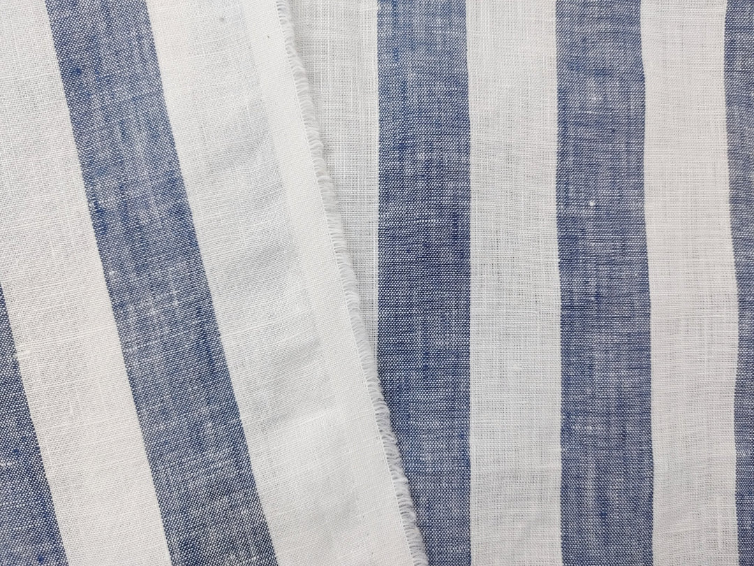 Light Weight 100% Linen Blue Bold Stripe Fabric 5996 - The Linen Lab - Navy