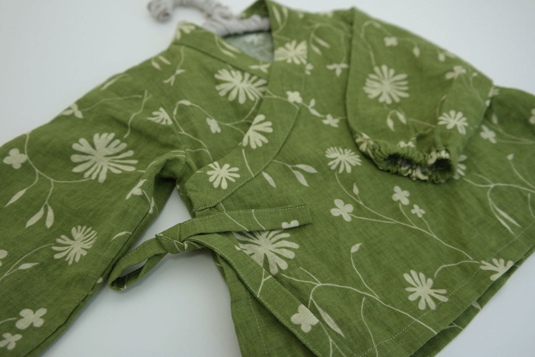 Linen Cotton Blended Fabric with Green Leaf Print (978) - The Linen Lab - Green