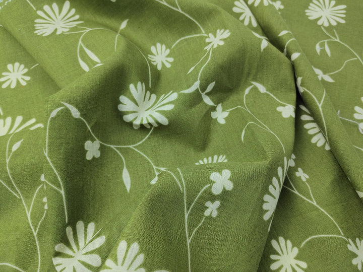 Linen Cotton Blended Fabric with Green Leaf Print (978) - The Linen Lab - Green