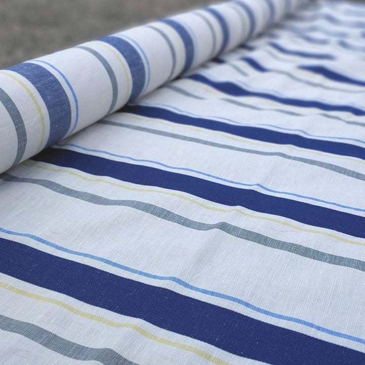Linen Cotton Dobby Stripe Fabric (6396) - The Linen Lab - Beige with Navy