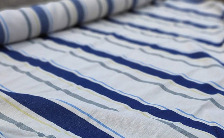 Linen Cotton Dobby Stripe Fabric (6396) - The Linen Lab - Beige with Navy