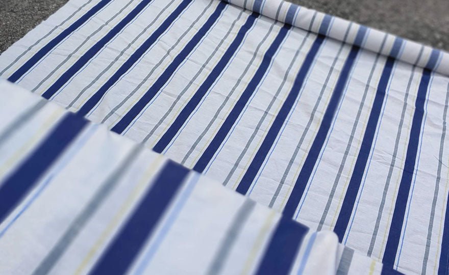 Linen Cotton Dobby Stripe Fabric (6396) - The Linen Lab - Beige with Navy
