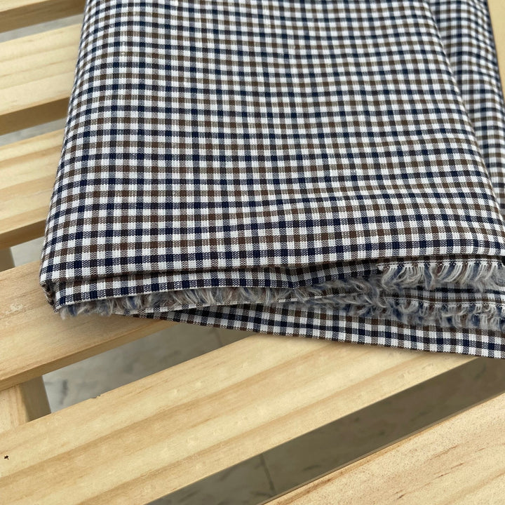 Linen Cotton Gingham Check Fabric (6829) - The Linen Lab - Blue-brown-white