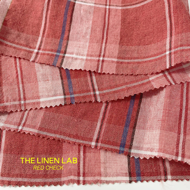 Linen Cotton Polyester Red Check Fabric (7159) - The Linen Lab - Red